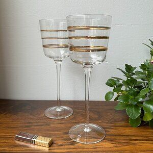 Vintage Gold Striped 2 Tall Wine Glasses Mid-Century Modern 9.5" Tall